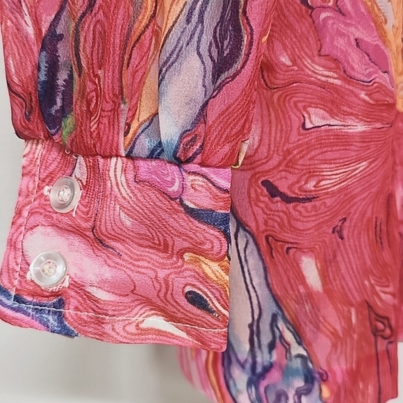 Vtg Carol Henry 70s Vibrant Marbled Sheer Button Up, LS, Large, Pink Blue Orange - Picture 4 of 10